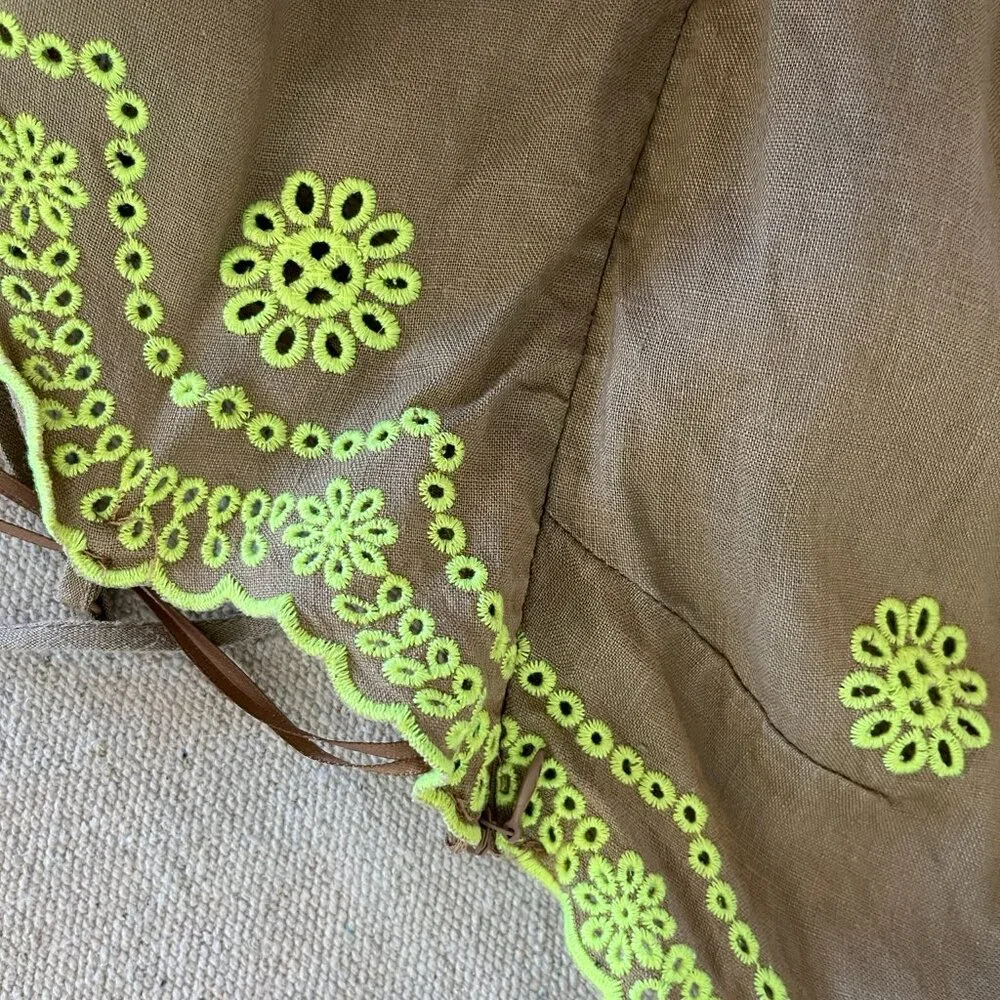 Zara Woman's 100% Linen Brown Embroider Flowers Eyelets Summer Maxi Dress Sz med - Picture 2 of 9